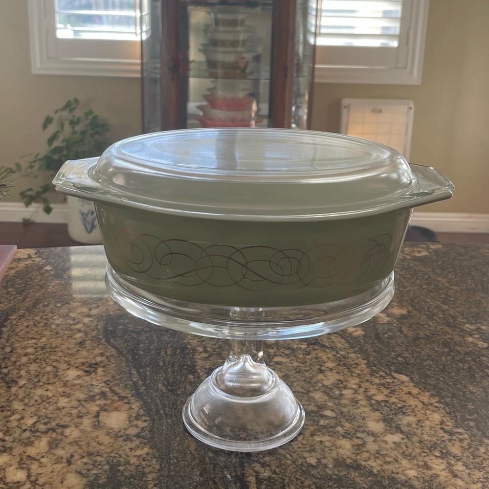 Vintage Pyrex Sage Green Oval Scroll  Casserole Dish Plus  Lid